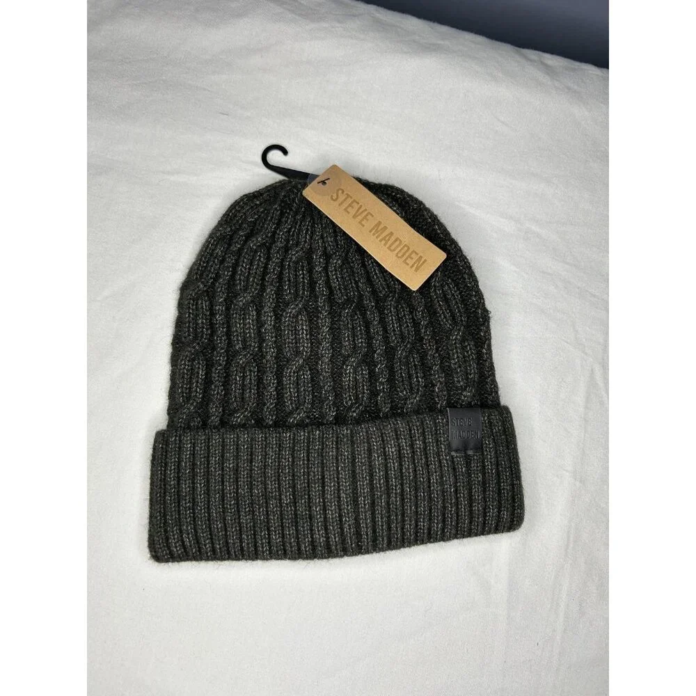 Steve Madden Hat Beanie Cuffed Cable Knit Ribbed OS Heather Black Winter Outdoor